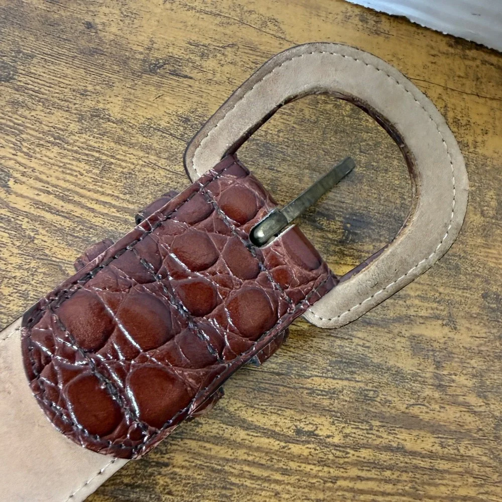 VTG Mark Shale Men's Genuine Leather Belt Large Brown Croc Embossed Print Preppy